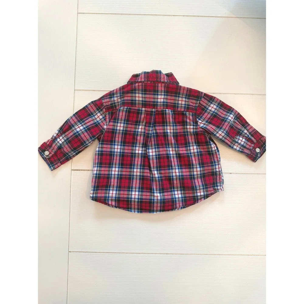 Ralph Lauren Baby Boys Plaid Button Down Shirt 3M Red Blue Pony Logo Cotton